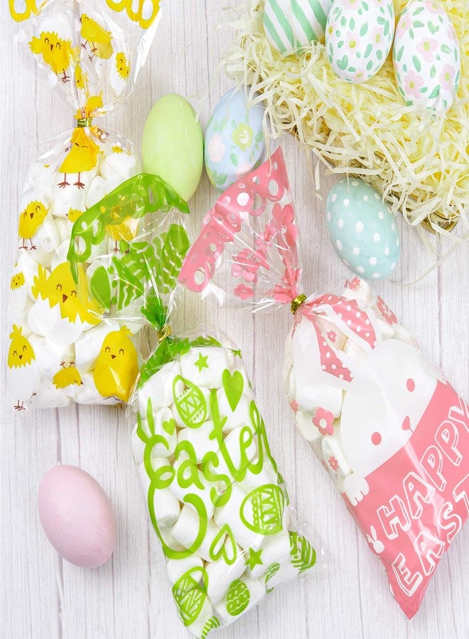 Whaline 160pcs Easter Cellophane Treat Bags with 200pcs Gold Twist Ties, Easter Egg Bunny Colorful Plastic Cello Candy Sweet Gift Chick Flower Bags for Party Table Decor, 4 Designs - Image 4